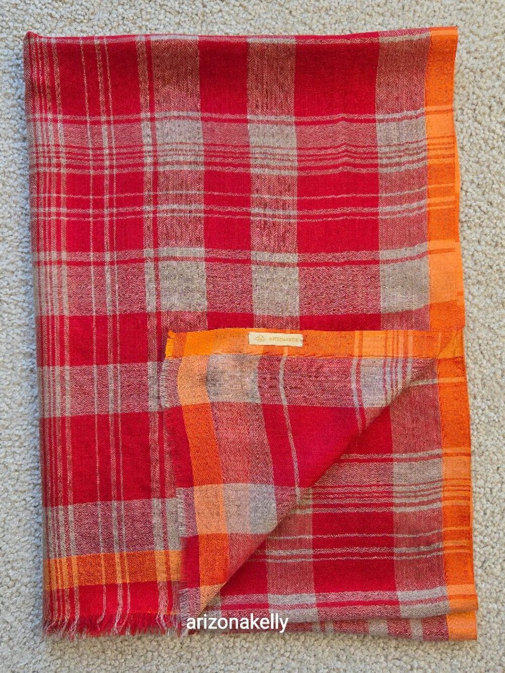 Ahujasons Cashmere Red, Grey, and Orange Plaid Scarf